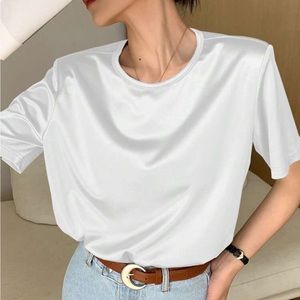 White Satin Round Neck stretchy Tee shirt